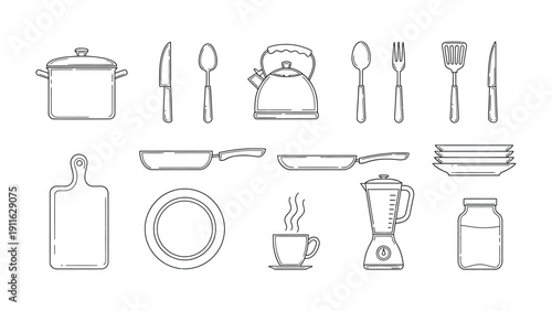 Essential Kitchen Elements: A collection of meticulously drawn kitchen essentials, showcasing a variety of tools, vessels, and utensils indispensable for the culinary process.