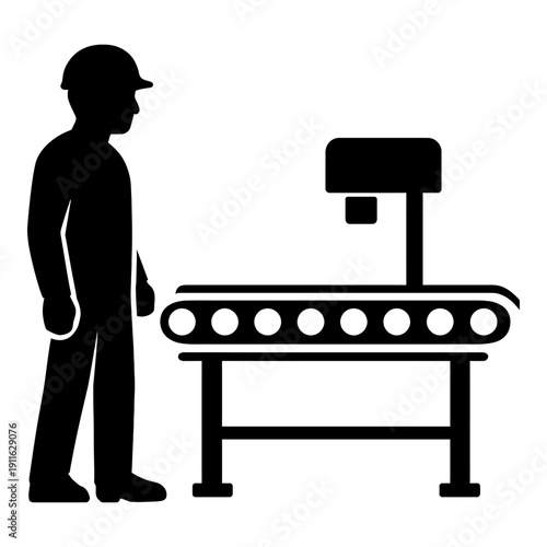 Illustration of worker standing next to conveyor belt machine in silhouette style