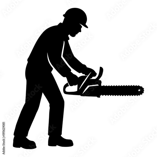 Illustration of silhouette of a logger or lumberjack operating a chainsaw
