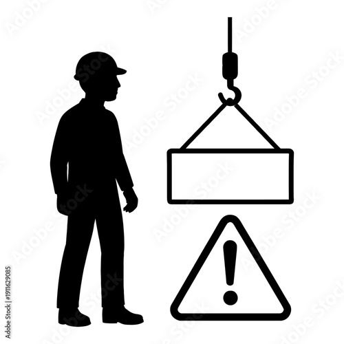 Illustration of silhouette of construction worker near suspended load and warning sign