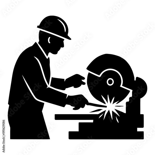 Illustration of silhouette of construction worker or metalworker operating an abrasive chop saw machine
