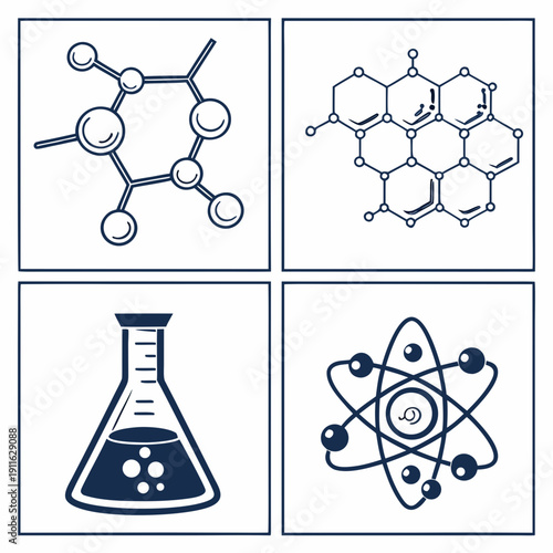 Scientific illustrations of molecules, atoms, and laboratory equipment Vector