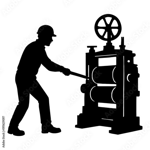 Illustration of silhouette of factory worker operating rolling mill machine in industrial setting