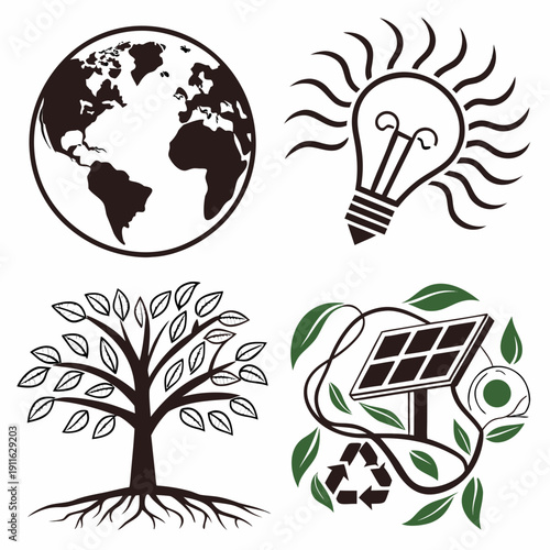 Diverse symbols representing environmental awareness and innovative ideas Vector