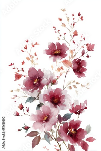 Abstract burgundy floral composition with greenery â€” hand-painted botanical art for invitations