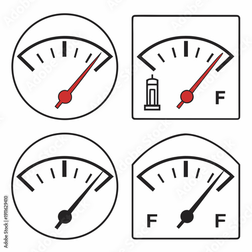 A collection of four vintage-style gauges with red and white color schemes. Vector
