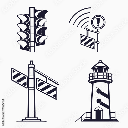 A collection of road signs and a lighthouse indicating navigation and safety warnings. Vector