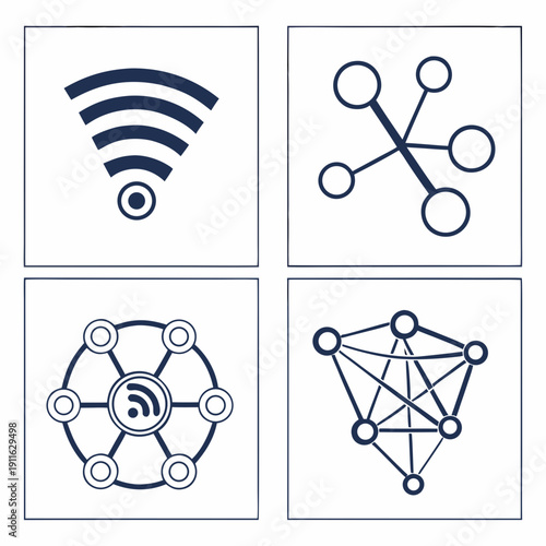 Four distinct network and connectivity icons arranged in a two-by-two grid pattern Vector