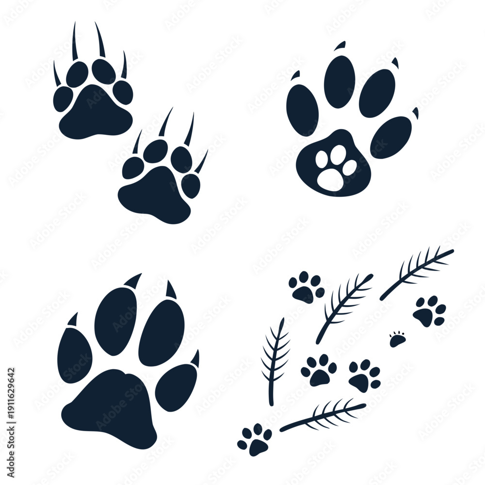 Fototapeta premium Diverse animal tracks and paw prints in a natural setting with foliage. Vector