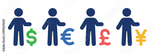 Diverse currency symbols represented by people icons