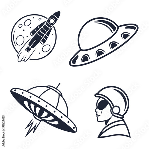 A collection of alien and ufo illustrations showcasing various spacecraft and extraterrestrial beings Vector