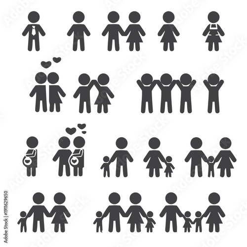 Diverse family icon set representing different relationships and sizes