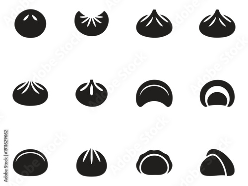 Diverse icons of dumplings, dim sum, and bao buns, vector flat design
