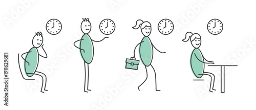 Diverse people in different states of activity related to time management and punctuality