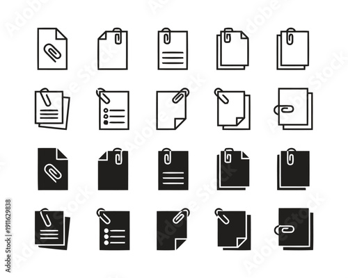 Document and paper clip icons set outline and filled