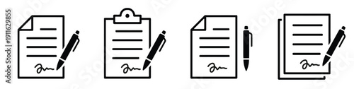 Document and pen icon set for signing contracts business agreements and legal paperwork administration