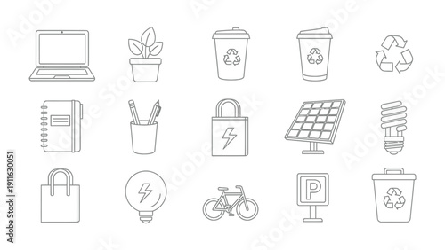 Sustainable Icons: A collection of meticulously crafted outline icons symbolizes eco-friendly concepts, representing the future of our planet