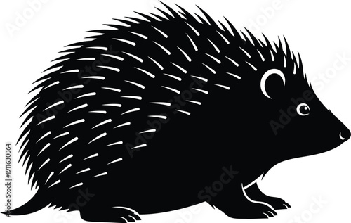 A silhouette illustration of a porcupine walking on a plain white background as seen from the side with spines visible, Whisk reference used