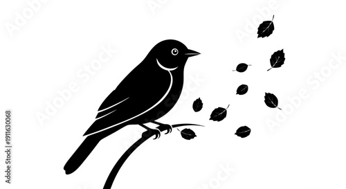 A black vector illustration of a bird silhouette perched on a winter tree branch featuring a crow or raven design for wildlife nature art