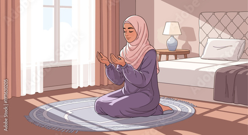 Muslim Woman Praying in Hijab on Rug in Bedroom at Sunrise