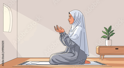 Muslim Woman Praying in Hijab on Prayer Mat, Peaceful Indoor Scene