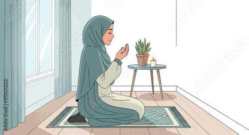 Muslim Woman Praying in Hijab on Rug, Peaceful Indoor Scene