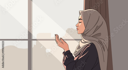 Muslim Woman Praying in Hijab, Peaceful Reflection by Window Light