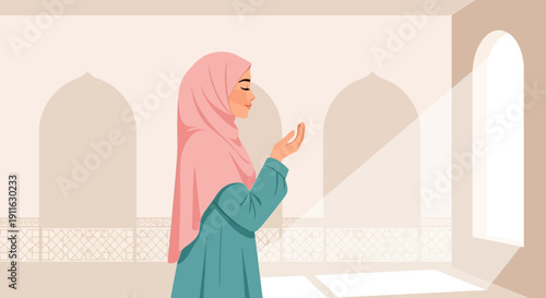 Muslim Woman Praying in Mosque - Peaceful Islamic Devotion