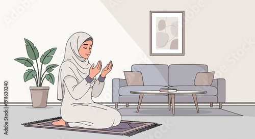 Muslim Woman Praying in Living Room, Peaceful Islamic Devotion