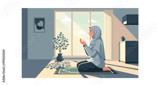 Muslim Woman Praying on Prayer Mat in Sunlit Room