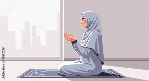 Muslim Woman Praying on Prayer Mat, Peaceful Devotion, Islamic Lifestyle