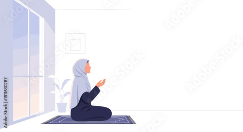 Muslim Woman Praying on Rug by Window