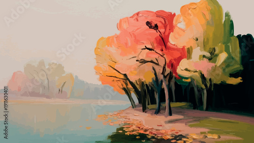 A vibrant landscape painting depicts colorful trees and reflections on water.