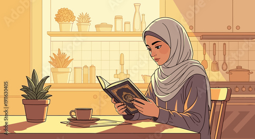 Muslim Woman Reading Quran at Kitchen Table, Warm Sunlight