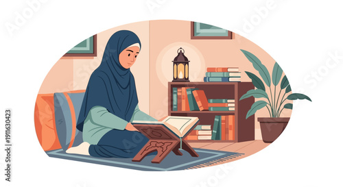 Muslim Woman Reading Quran at Home
