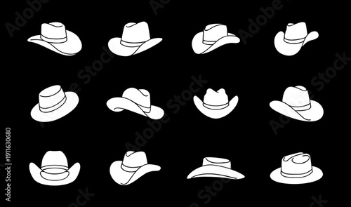 Collection of White Cowboy Hat Icons and Silhouettes on Black Background