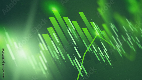 Financial data shows growth trend with green bars on screen during analysis meeting