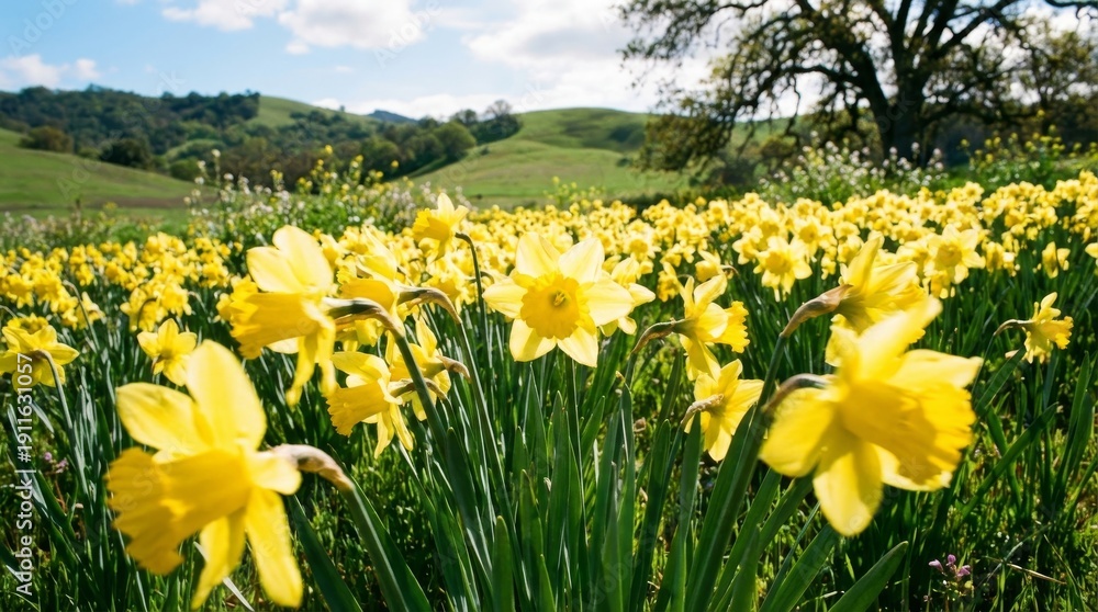 Fototapeta premium Field of Bright Yellow Daffodils in Spring Sunlight