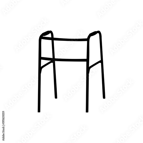 Black walker icon in flat style. Simple medical aid symbol representing mobility assistance, support, rehabilitation, or elderly care. Perfect for healthcare, hospital, physical therapy.