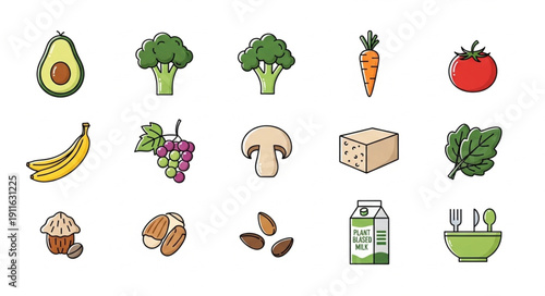Healthy Food Icons Collection Featuring Fruits Vegetables and Grains.