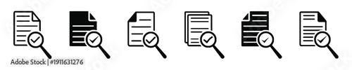 Document with magnifying glass and checkmark, symbol for search and verification, document review process, finding information