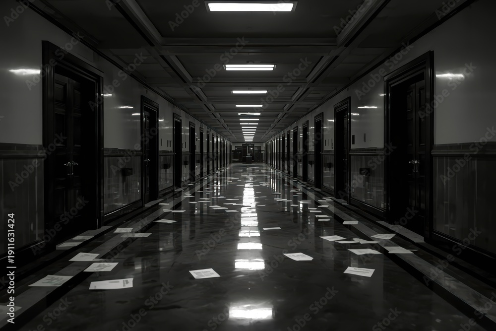 Fototapeta premium A long hallway with a lot of paper on the floor