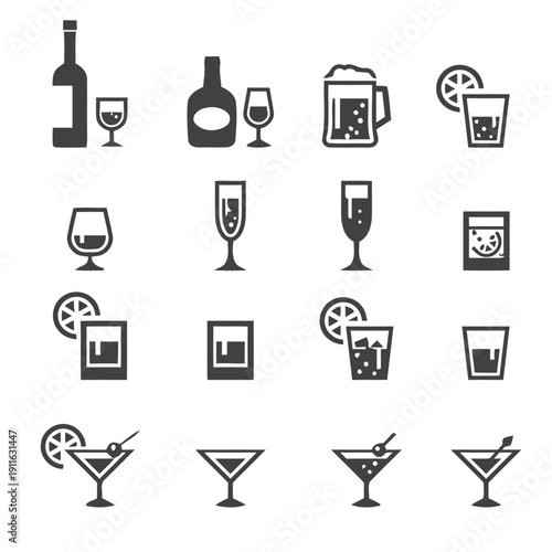 Drink icons set beverages and glassware symbols various alcoholic and non-alcoholic drinks and containers