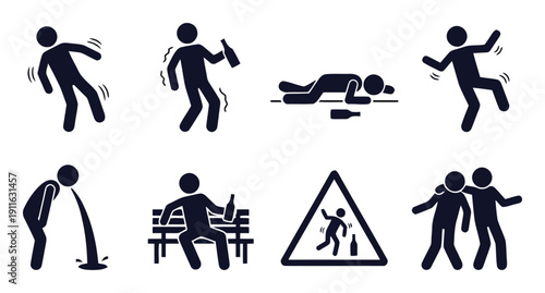 Drunk people icons representing effects of alcohol abuse including falling vomiting and bad behavior