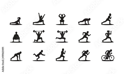 Dynamic silhouettes of people engaged in various fitness and sports activities