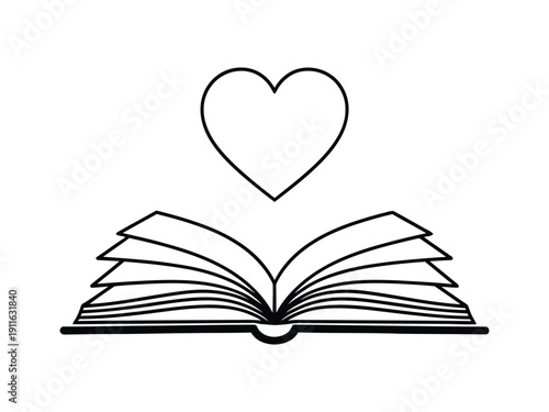 Open book with a heart above, vector illustration of love for reading and learning