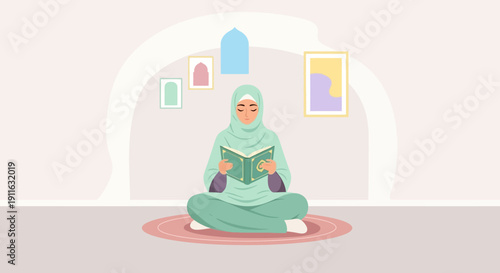 Muslim Woman Reading Quran in Hijab, Peaceful Islamic Prayer and Study