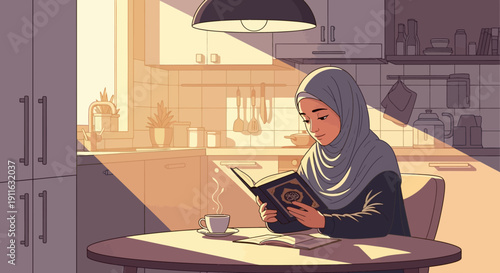 Muslim Woman Reading Quran in Kitchen, Warm Sunlight, Peaceful Morning