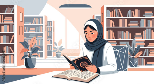 Muslim Woman Reading Quran in Library, Studying Islamic Texts