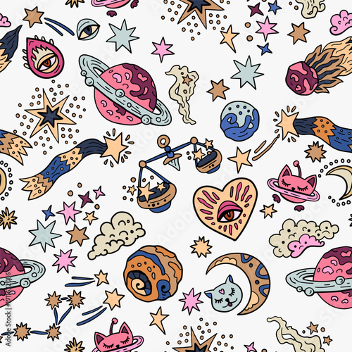 Space and stars seamless pattern with Western astrology. Zodiac animals. A cosmic fantasy backdrop for teenagers and small children. Fun zodiac and tarot cards. Fortune telling and magic